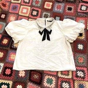 ZARA short puff sleeves rhinestone collar with bow tie